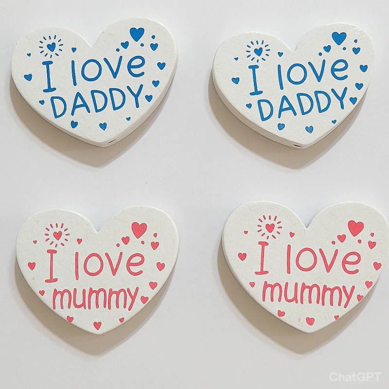 "مهره قلب چوبی Love ۳ سانتی برای بند پستونک با طرح I love Mummy و I love Daddy"